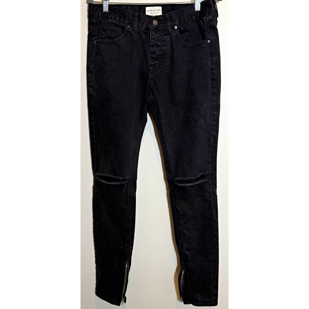 Fear of God 4th Collection Black Distressed Skinny Ankle Zip Jeans Button Fly